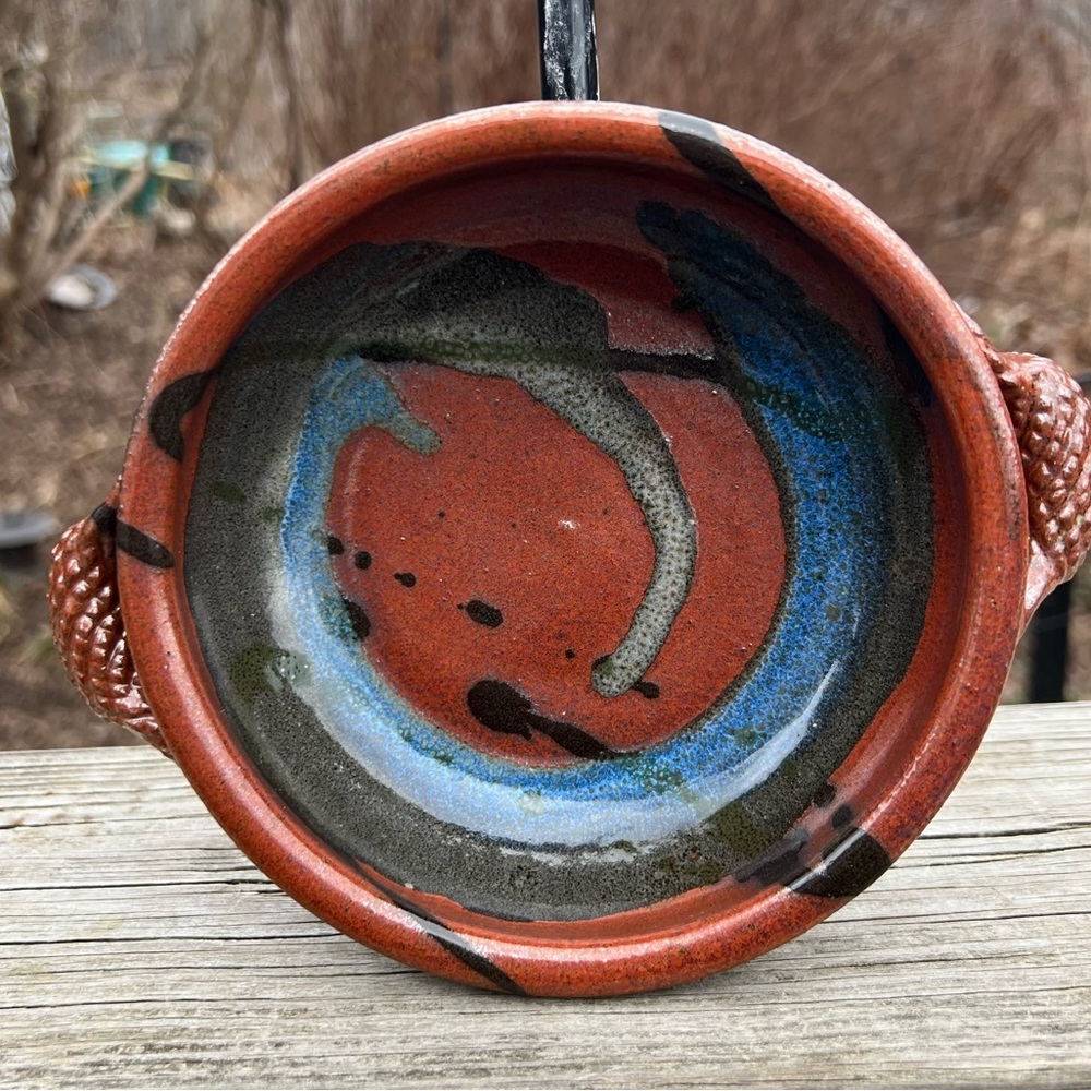 Ceramic Pottery Bowl Handled 6” width Signed Young